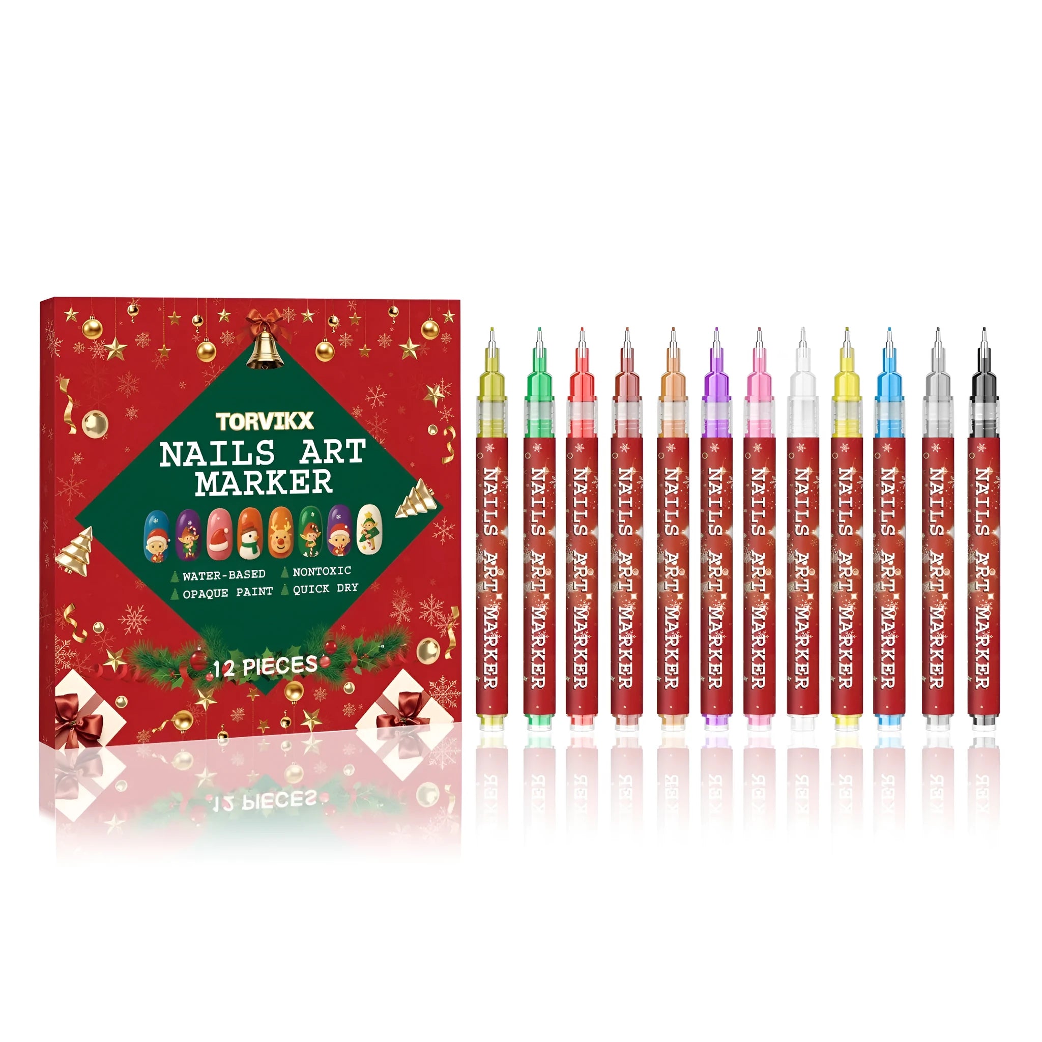 Christmas manicure graffiti pen set of 12 pieces with red, yellow, and blue pigments on a white background