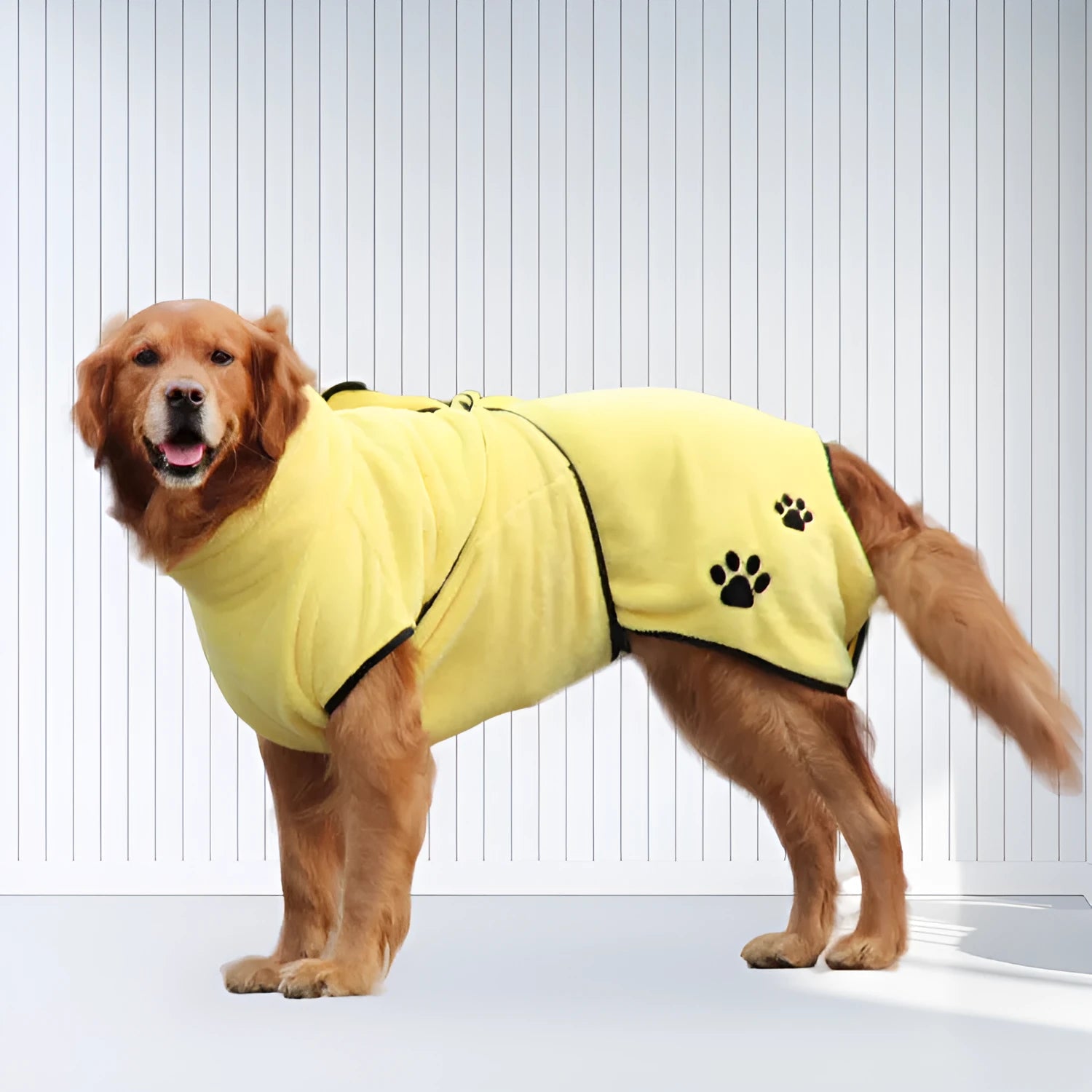 Yellow coral fleece embroidered bathrobe-style pajamas for a dog, sizes XS to 2XL