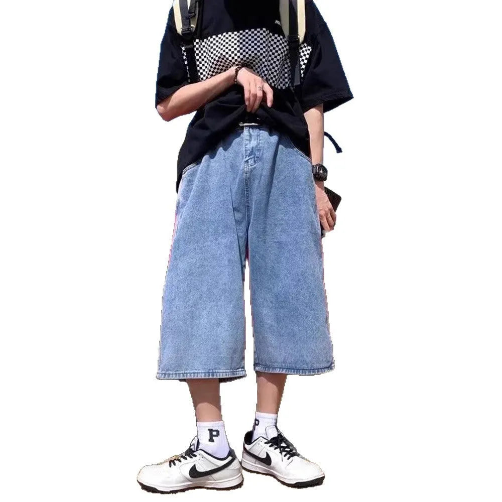 Blue men's high-waist washed denim pirate shorts with a cropped length and straight leg.