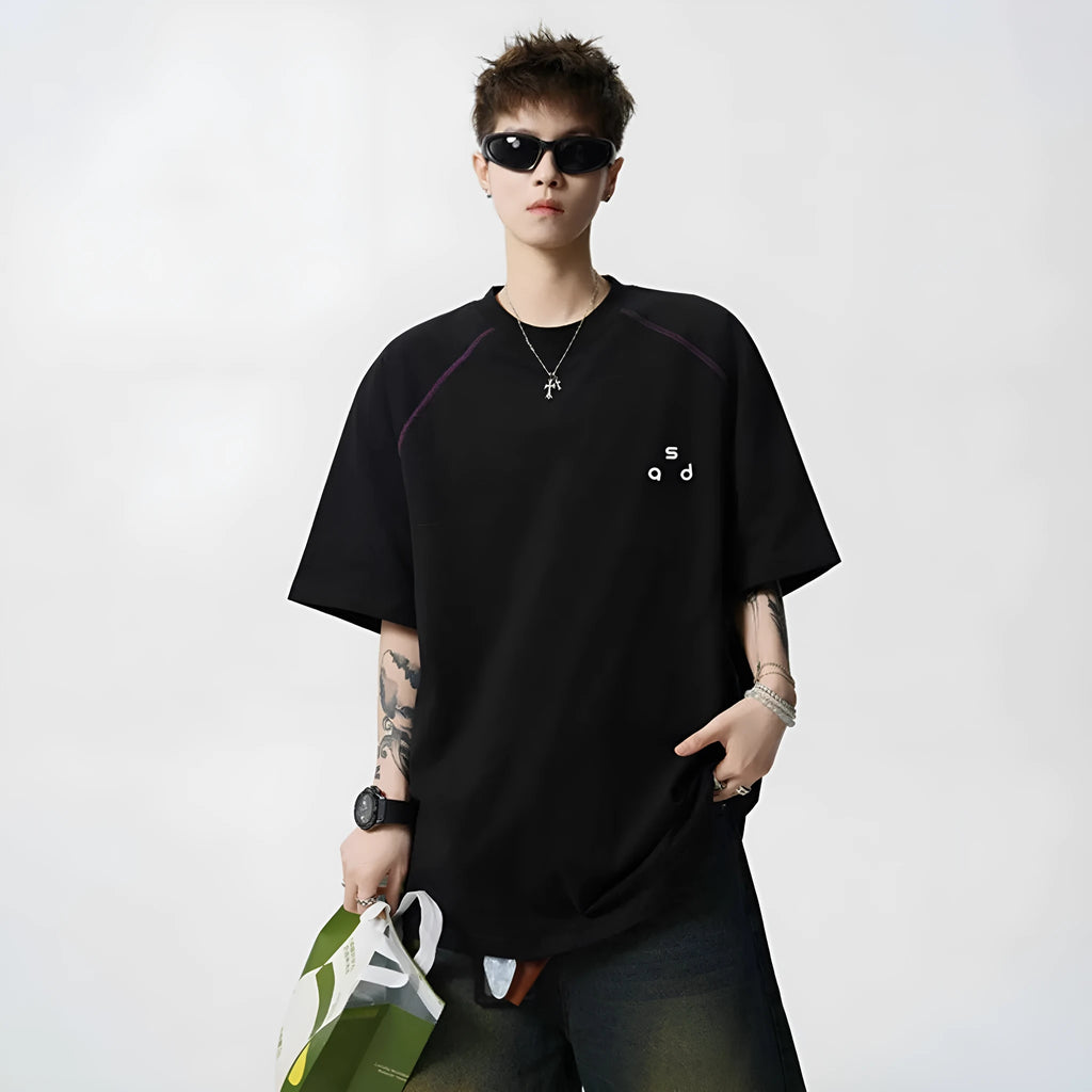 Cotton letter print short-sleeve t-shirt in black, loose fit, round neck, 100% cotton