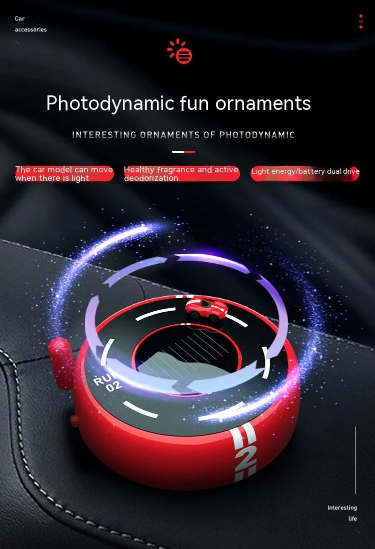 Solar-powered round car-shaped fragrance diffuser with light sensor in black plastic design