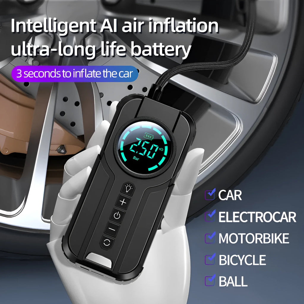 Black wireless portable car air pump with digital display, 6000mAh battery, carry bag, power cable, and assorted inflation nozzles.