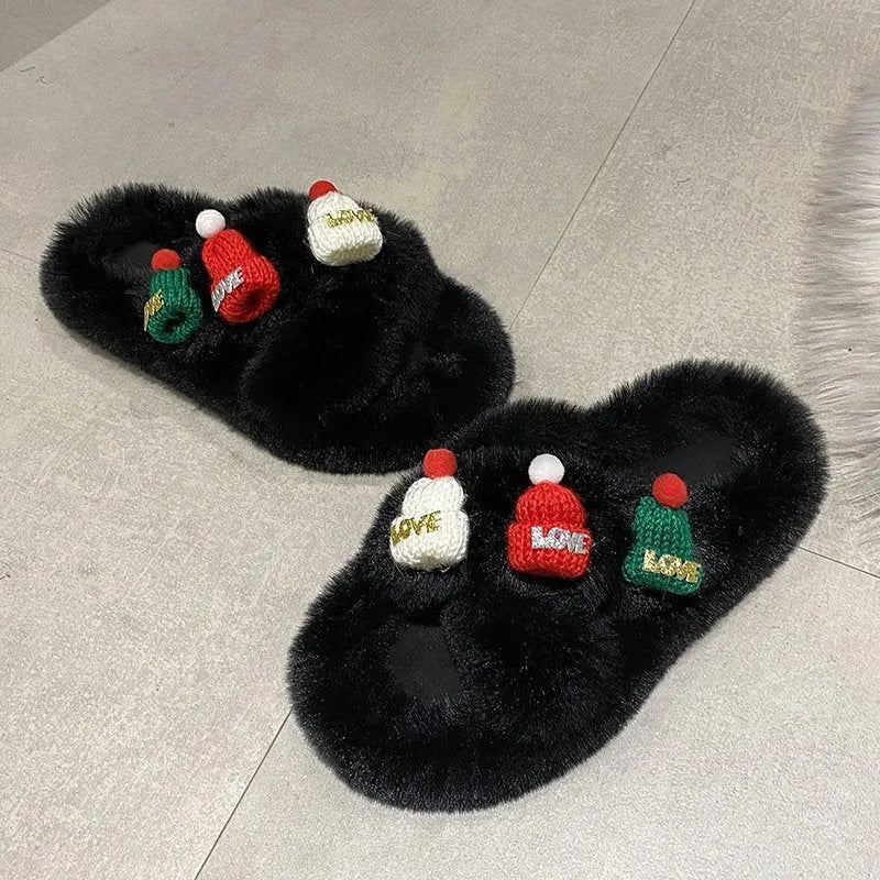 Women's super hairy faux plush slippers with a Christmas hat decoration design, shown in available colours.