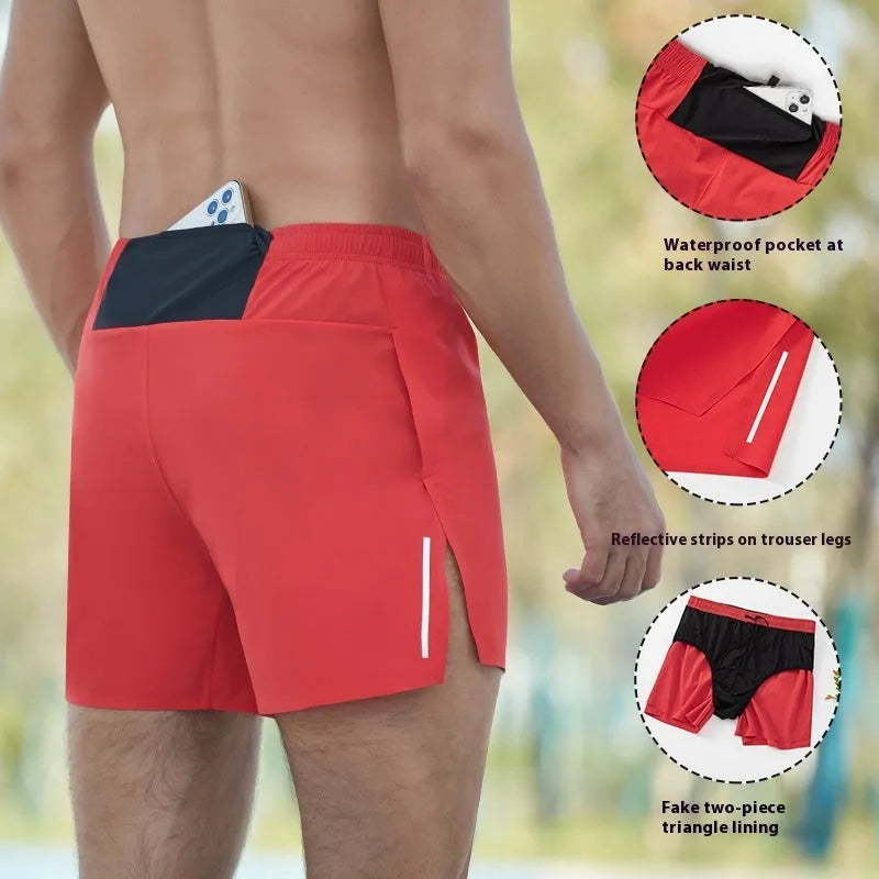 Men's high-waist loose fit off-road running shorts in quick-dry fabric, shown in red, black, navy and grey.