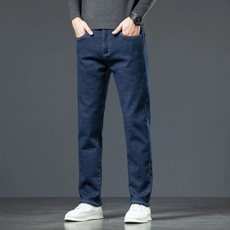 Men's loose straight fleece-lined jeans in black, mid-rise, zipper fly, winter wear