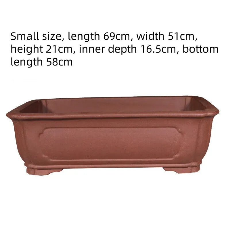 Large rectangular purple clay flowerpot for bonsai or garden plants on a patio.