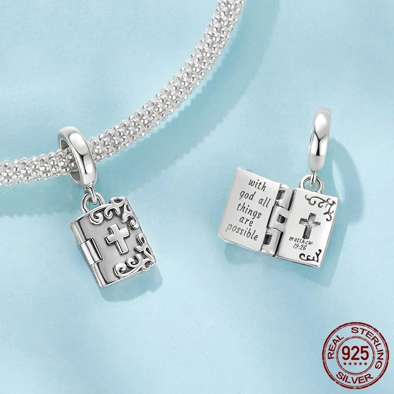 925 sterling silver open and close cross pendant bead with pearlescent finish on white background