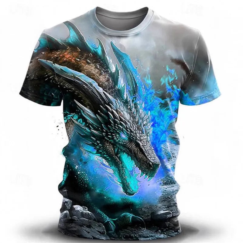 Men's grey T-shirt with a detailed 3D blue and white wind dragon print on the chest.