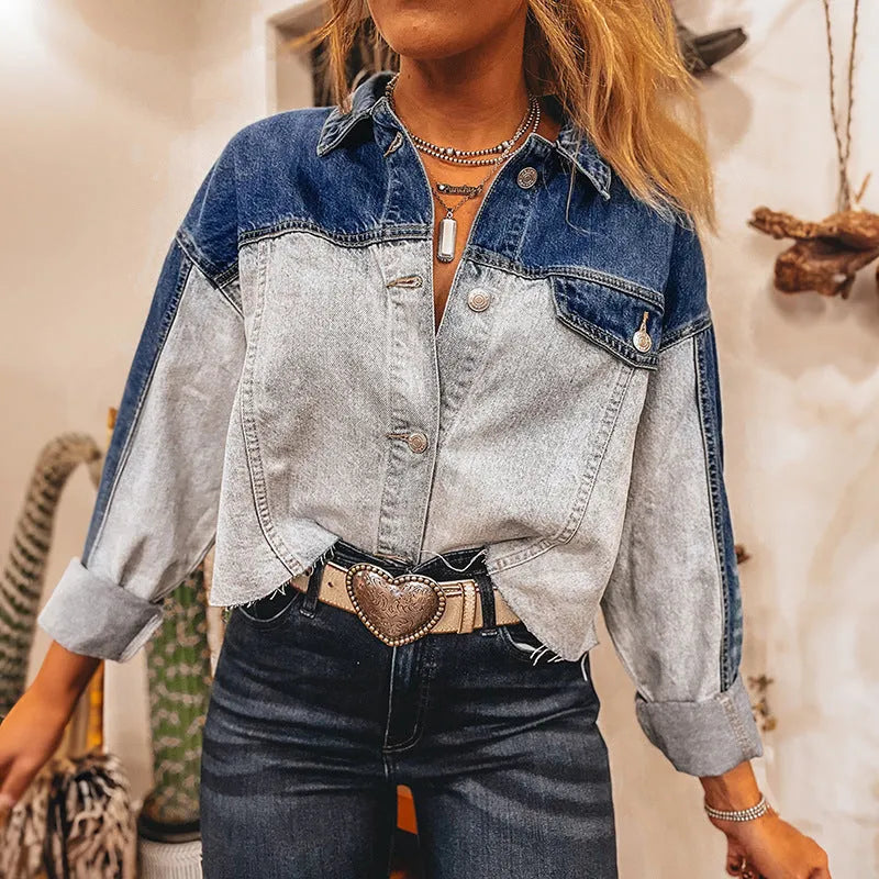 Single row multi-buckle denim coat for women, loose fit cotton jacket in colour matched pattern