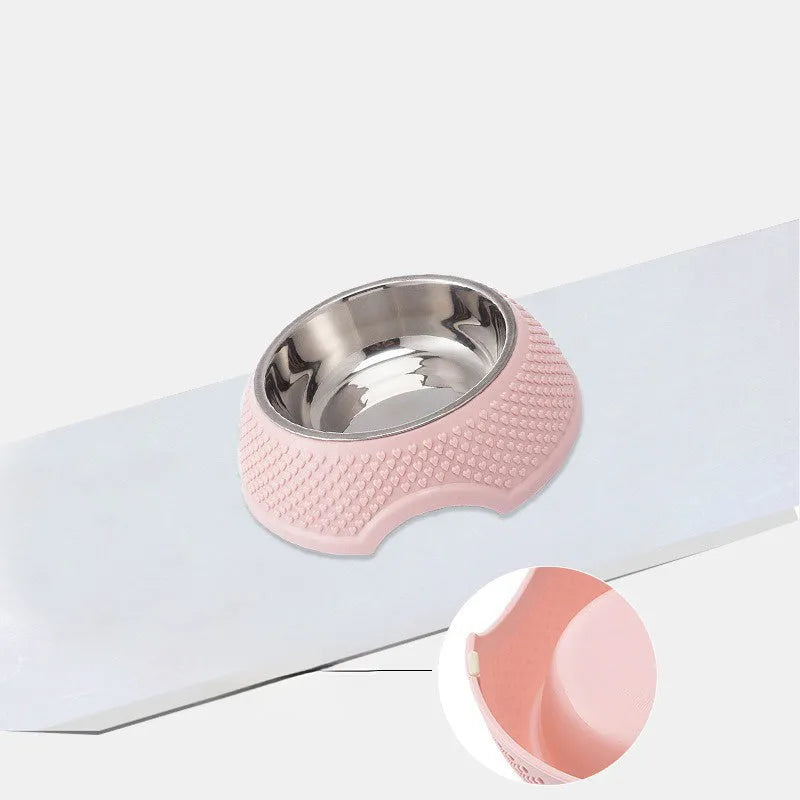Stainless steel pet bowl with non slip base in blue green pink options for cat dog feeding
