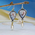 Retro blue electroplated drop earrings with synthetic blue opal and white pearl accents, Bohemian geometric design.
