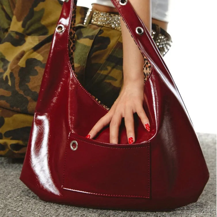 Red leopard print women's shoulder bag with two-side straps and dumpling shape