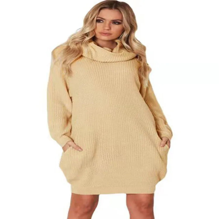 A woman's apricot-coloured pullover sweater with a V-neck lapel collar and side pockets on a hanger.