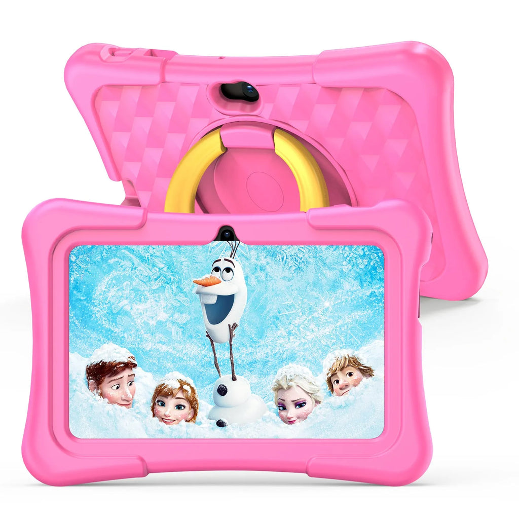 Blue children's education tablet with silicone protective cover and rotating handle in 7-inch size