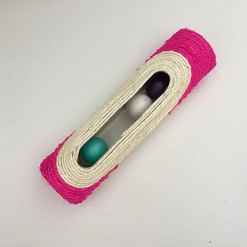 Sisal cat toy with plastic ball in blue colour, 28.5cm long, on white background