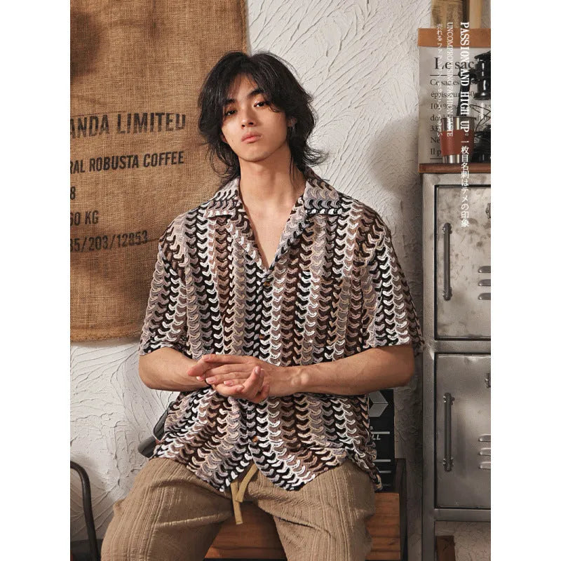 Grey Japanese style Cuban collar short sleeve shirt with hollow jacquard pattern, slim fit.