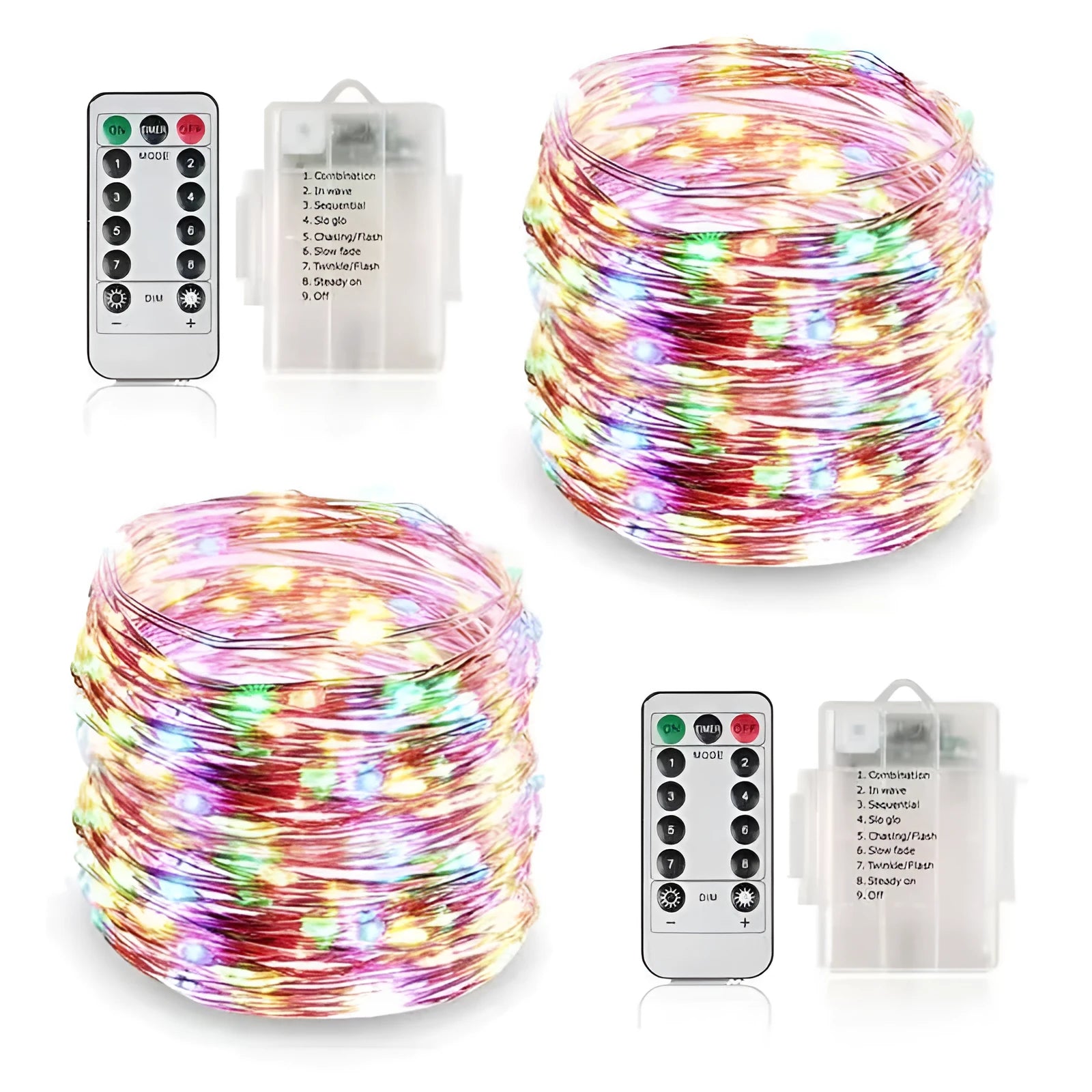 12-metre copper wire LED string lights with 120 bulbs showing multiple colour options and USB power connection