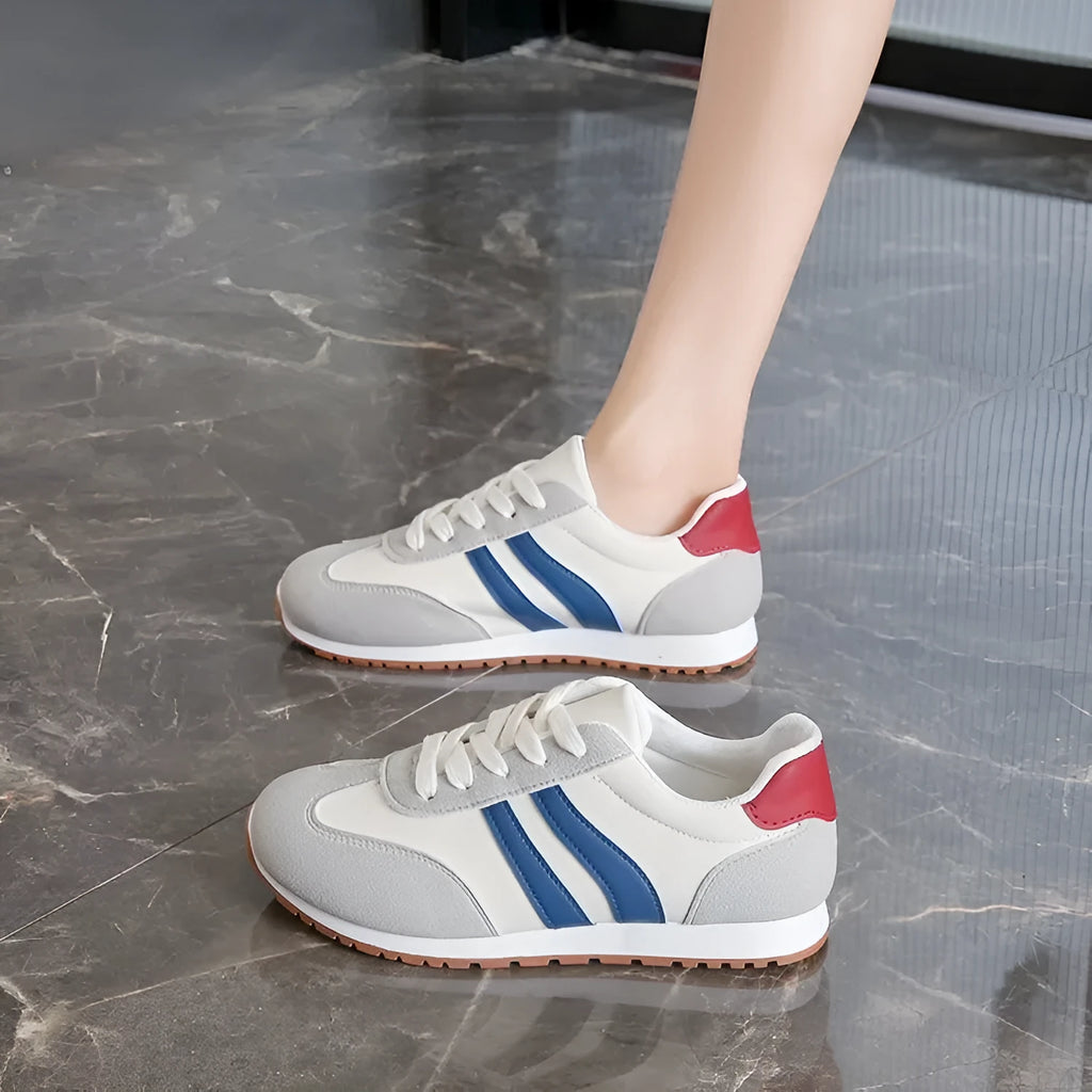 Leisure Sports Cortez Stripes shoes in blue and gray, flat heel, round toe, rubber sole, artificial PU upper