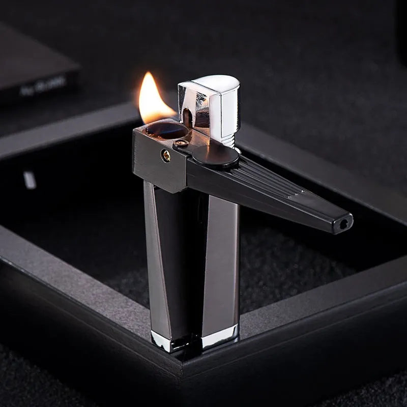 Foldable pipe lighter in No.1 silver square cover with metal flap closed, 9.2cm length, zinc alloy body