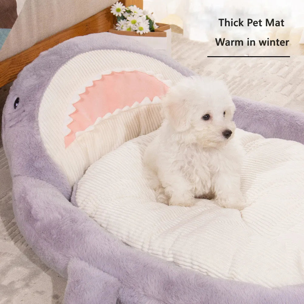 Shark pattern pet bed cushion in blue velvet, with thick padding, for small to medium dogs