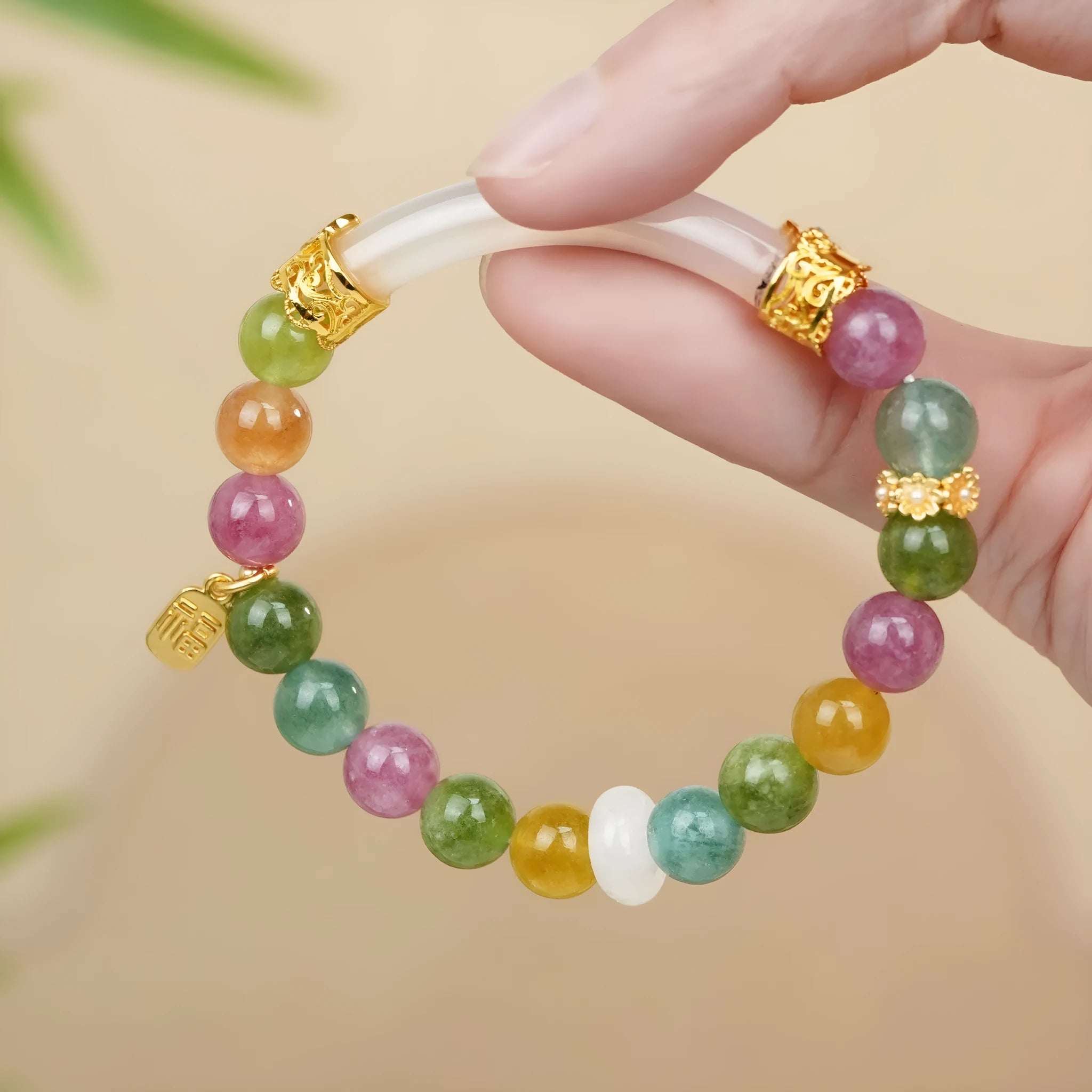 Natural jade rainbow tourmaline half bracelet for women electroplated finish