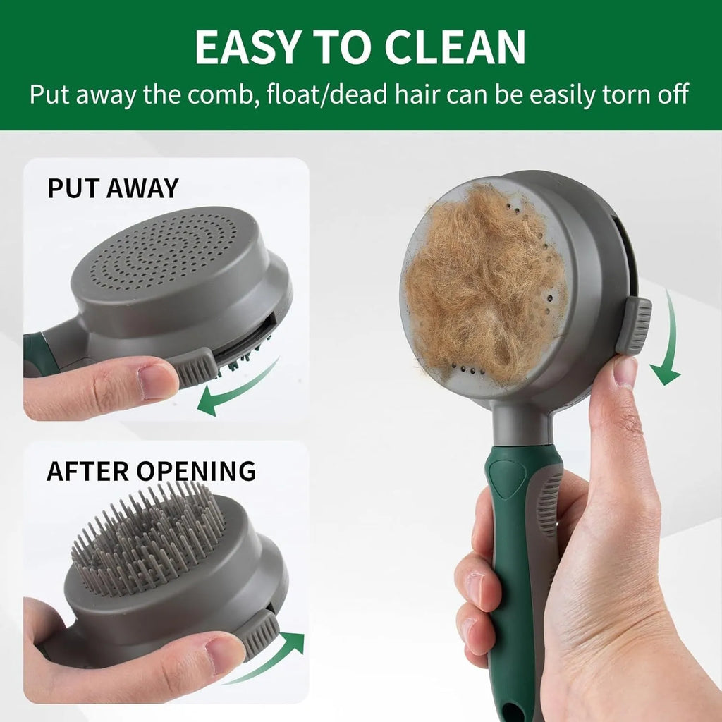Green two-sided pet brush with slicker pins on one side and silicone massage teeth on other side