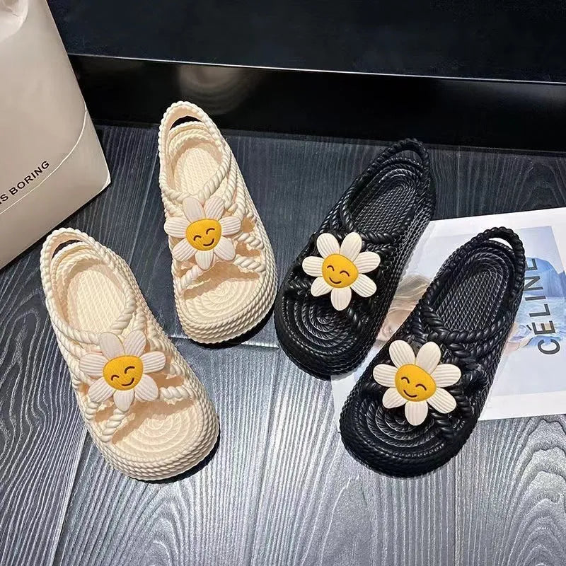 PVC non-slip sandals with flower pattern in beige, round head, lightweight design for women