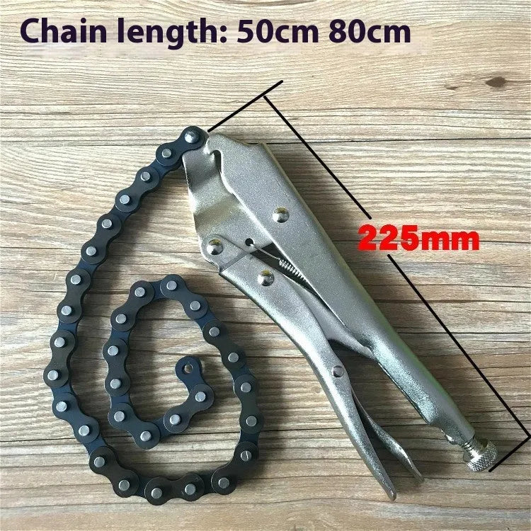 Chain-type pliers with extended multifunction, 50 cm length, high carbon steel clamp head, and adjustable chain for pipe gripping