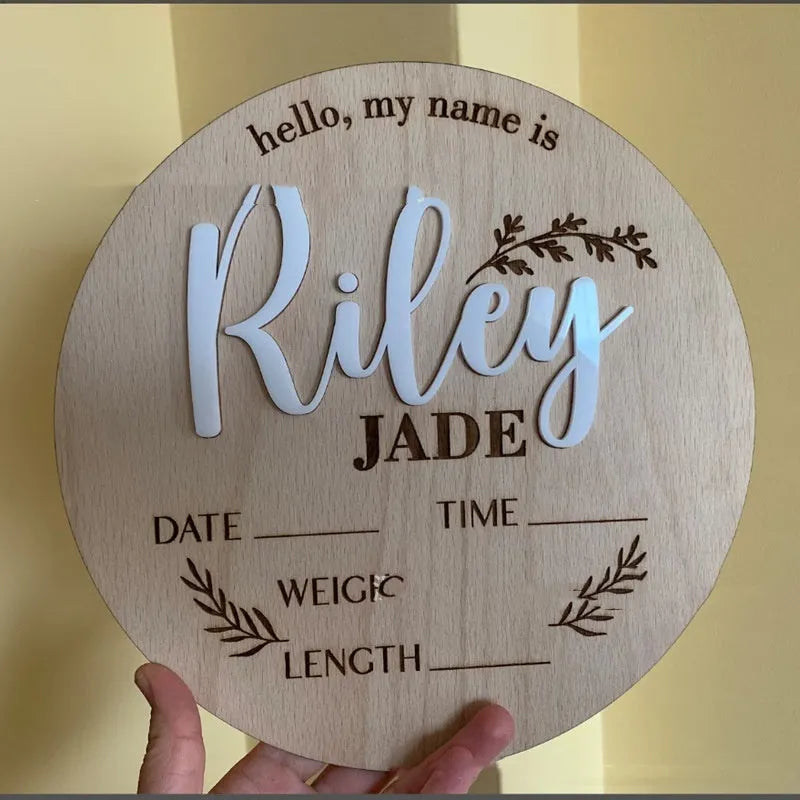 15x15cm square wooden baby name plaque with personalised birth details for nursery decor.