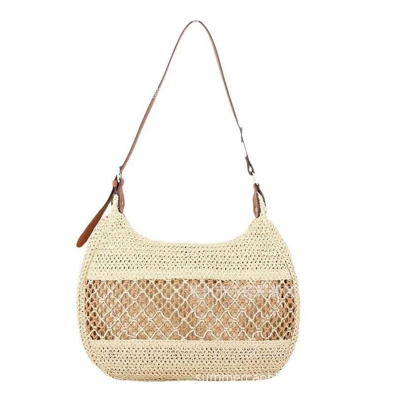 Women's straw cross body bag in khaki or milky white with horizontal square shape and sandwich pocket