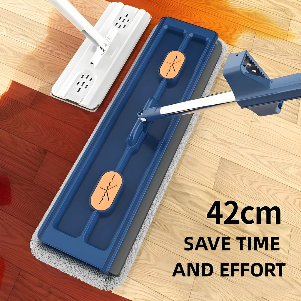 Large flat mop with long stainless steel handle and blue rotating mop head on a wooden floor.