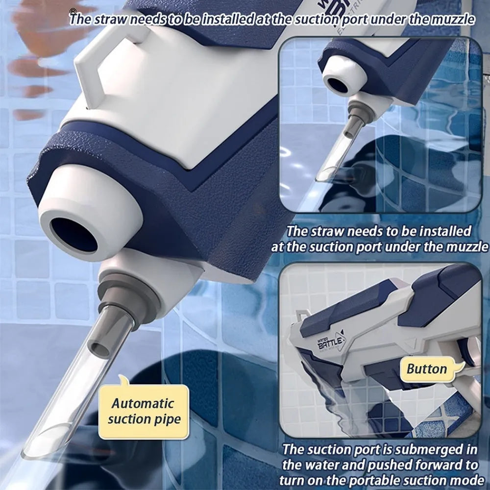 Blue electric water gun toy with USB charging cable and 358ml water capacity for outdoor play