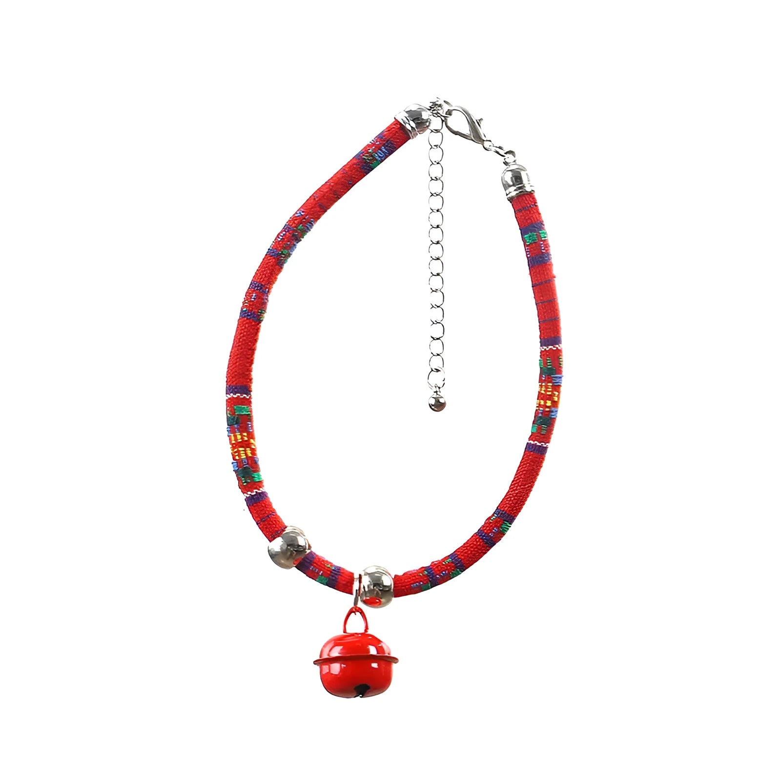 Colourful adjustable pet collar with ethnic patterns and a small metal bell attached, shown in multiple colour options.