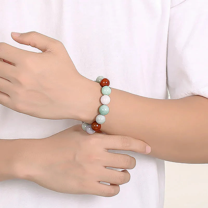 Women's natural Myanmar jade three-color bracelet with 13mm round beads and certificate