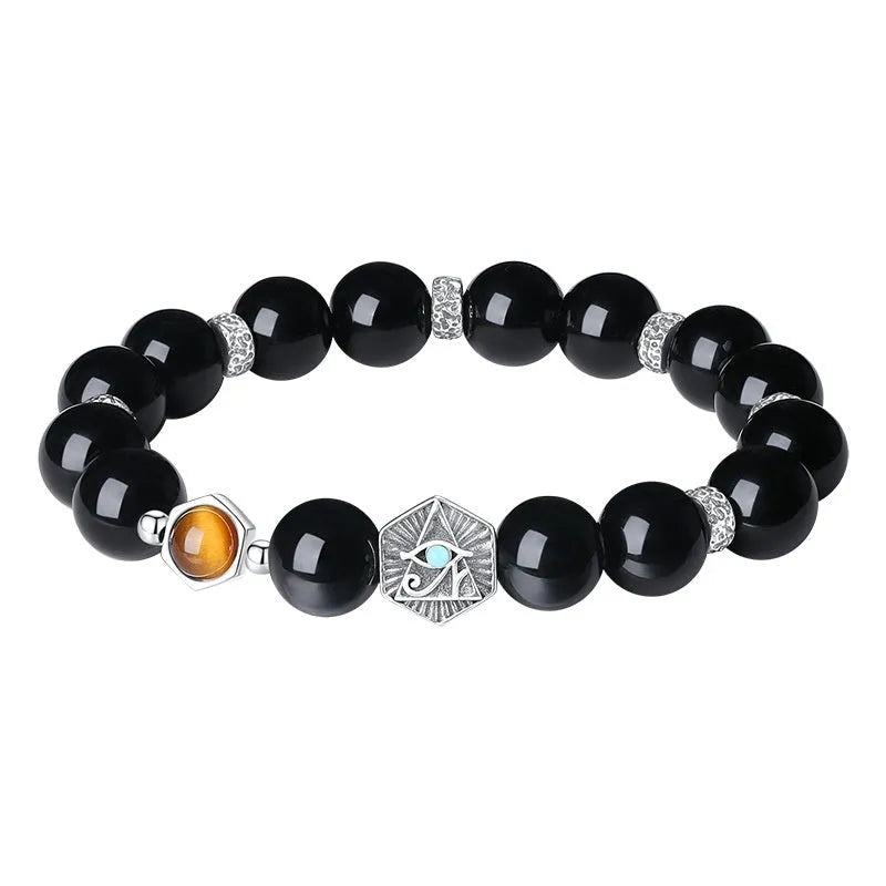 Men's retro S925 sterling silver bracelet with God's Eye obsidian inlay, geometric design, 8mm width, on dark background