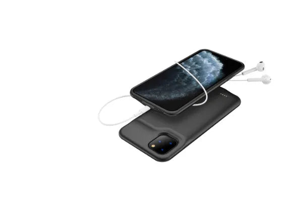 Shockproof silicone iPhone charging case with external battery in black, blue, pink, or white colours