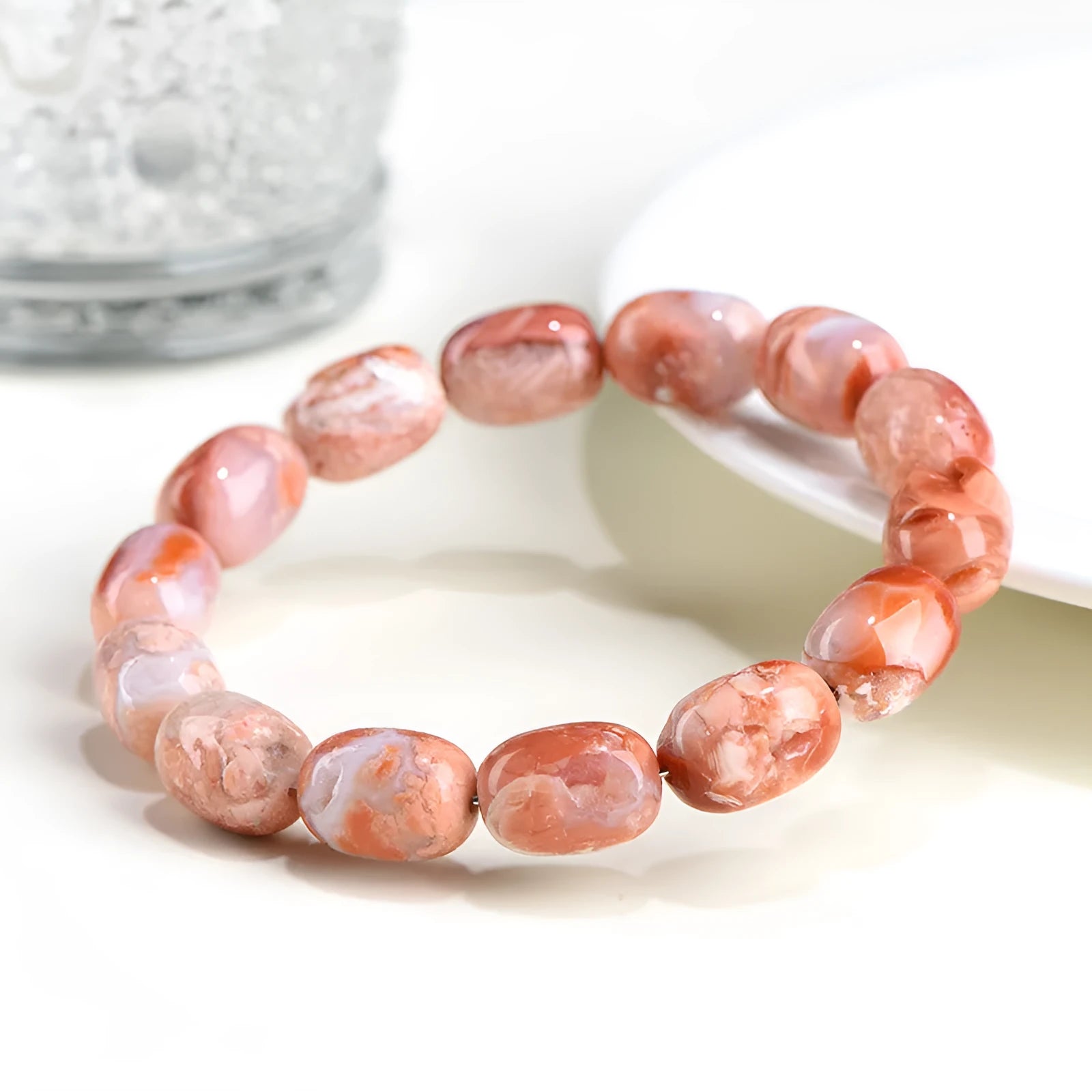 Natural cherry blossom agate barrel bead bracelet with ruyi pattern design