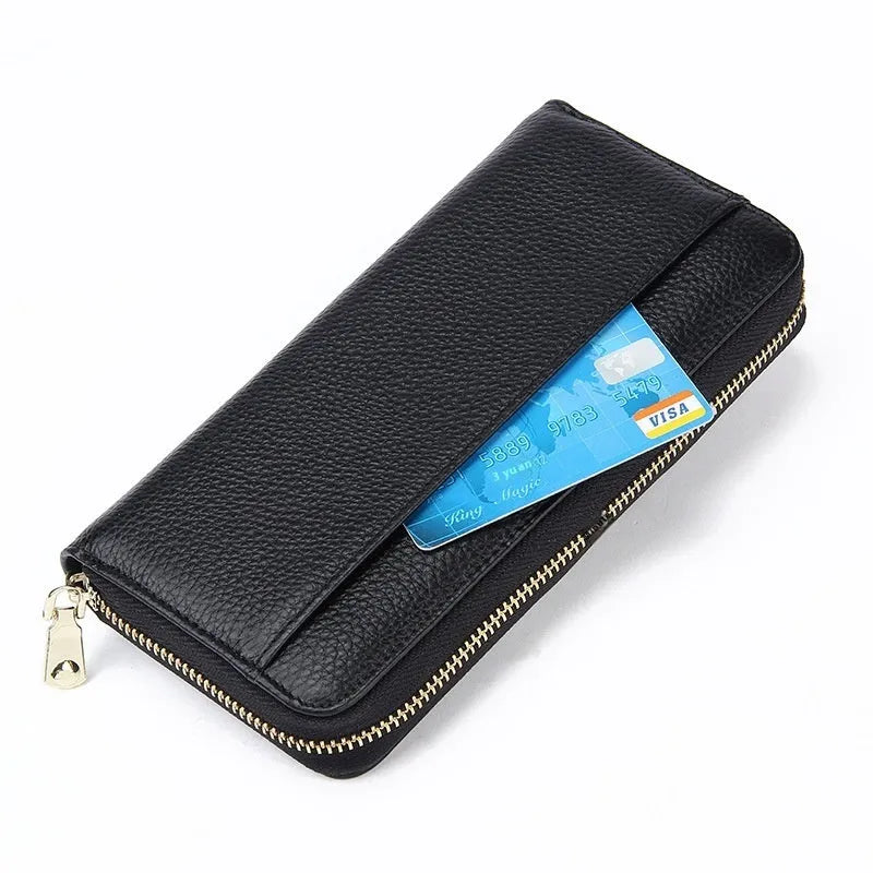 Long genuine leather women's wallet in a choice of solid colours, showing large capacity and anti-theft card swiping function.