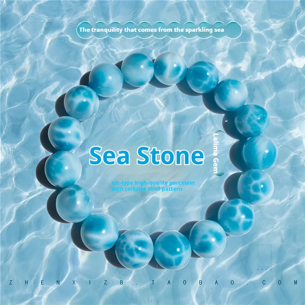 Blue natural crystal sea-pattern stone bodhi bracelet with pearl elements in Maillard style unisex design