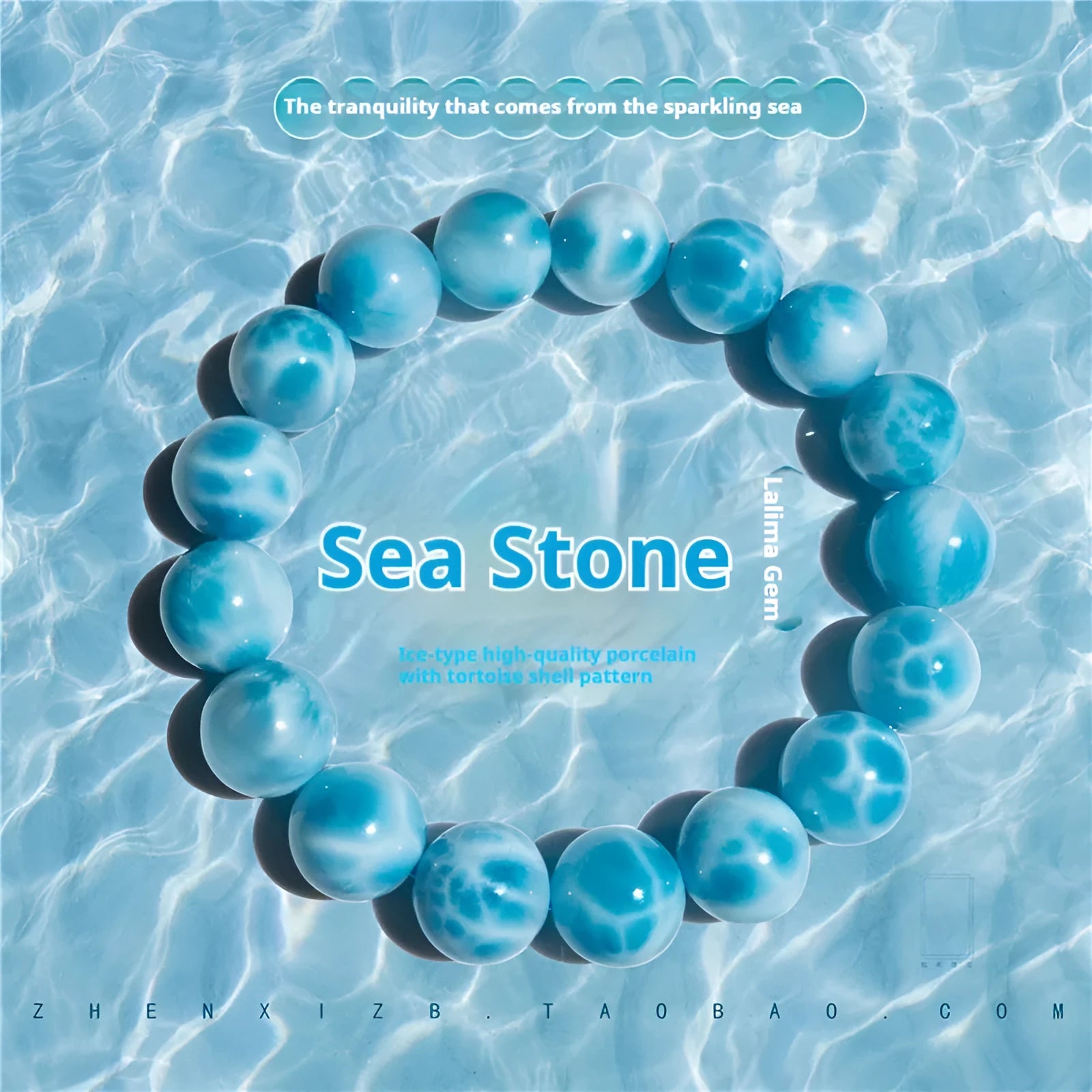 Blue natural crystal sea-pattern stone bodhi bracelet with pearl elements in Maillard style unisex design