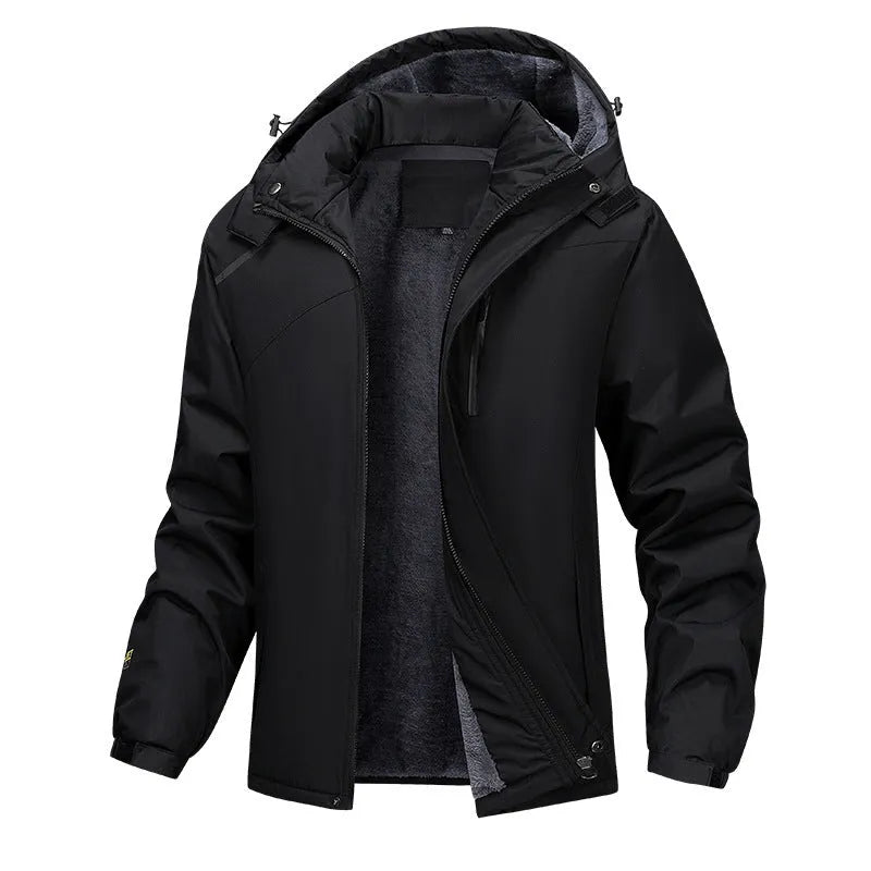 Plus size men's black waterproof hooded winter coat on a hanger.
