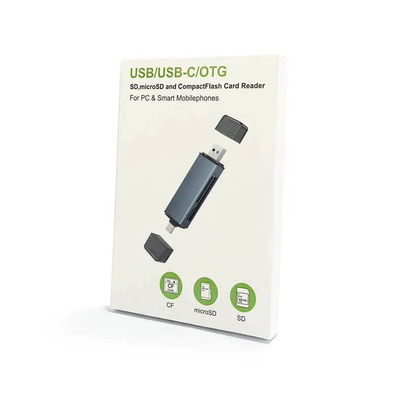 Aluminium alloy three-in-one USB card reader for CF, SD, and Micro SD/TF memory cards.