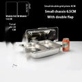 Stainless steel commercial dining plate display box with lid for food presentation.