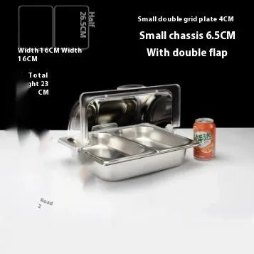 Stainless steel commercial dining plate display box with lid for food presentation.