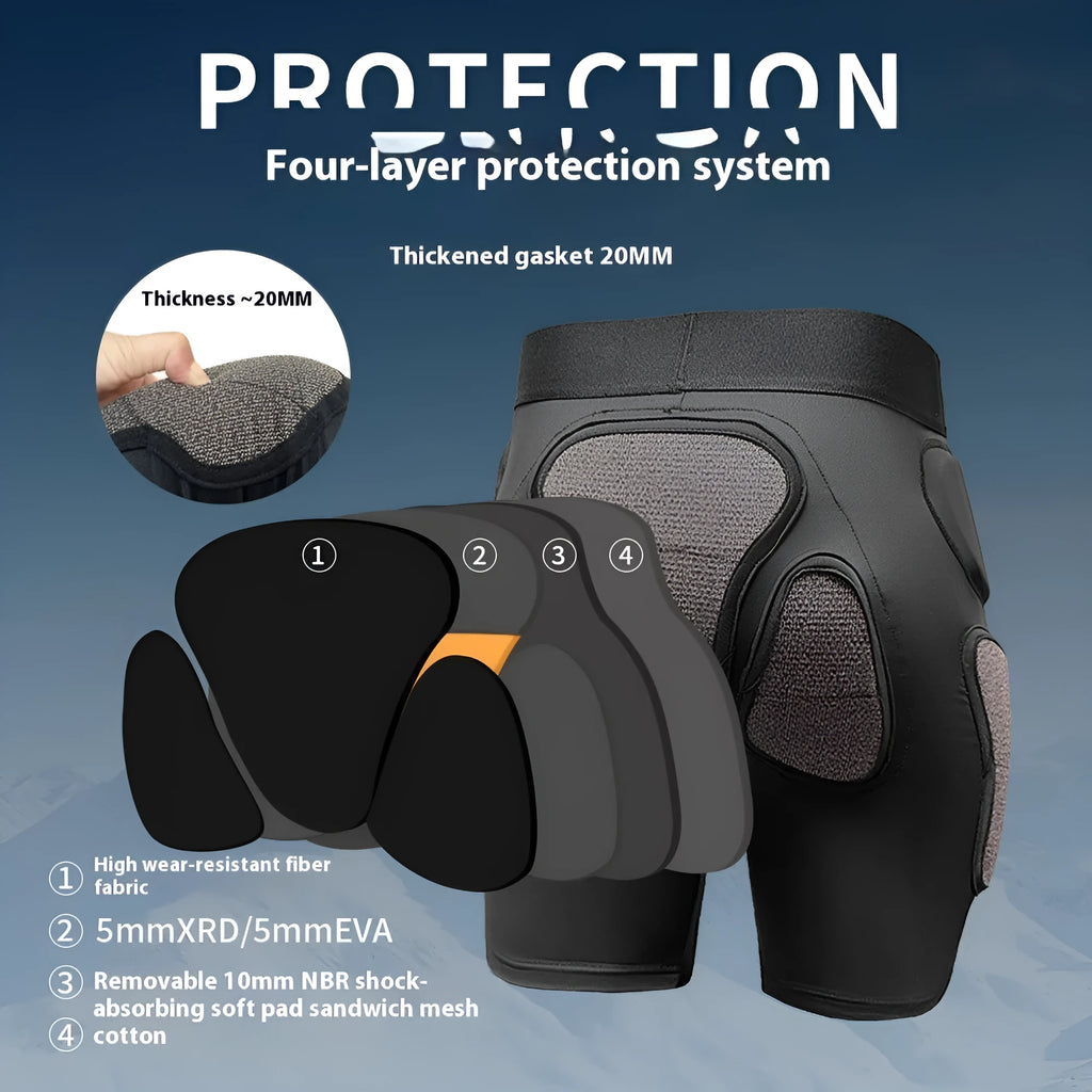 X-ray diffraction ski protective gear showing hip pad and knee pad for impact sports.
