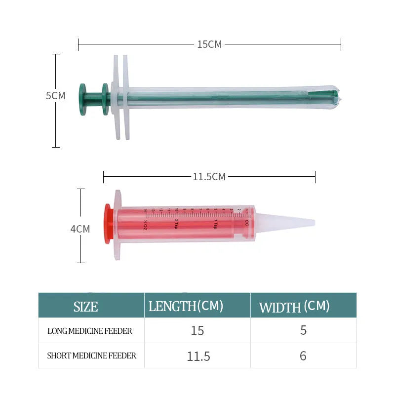 Two silica gel pet pill shooters with soft tips for administering medicine to cats and dogs.