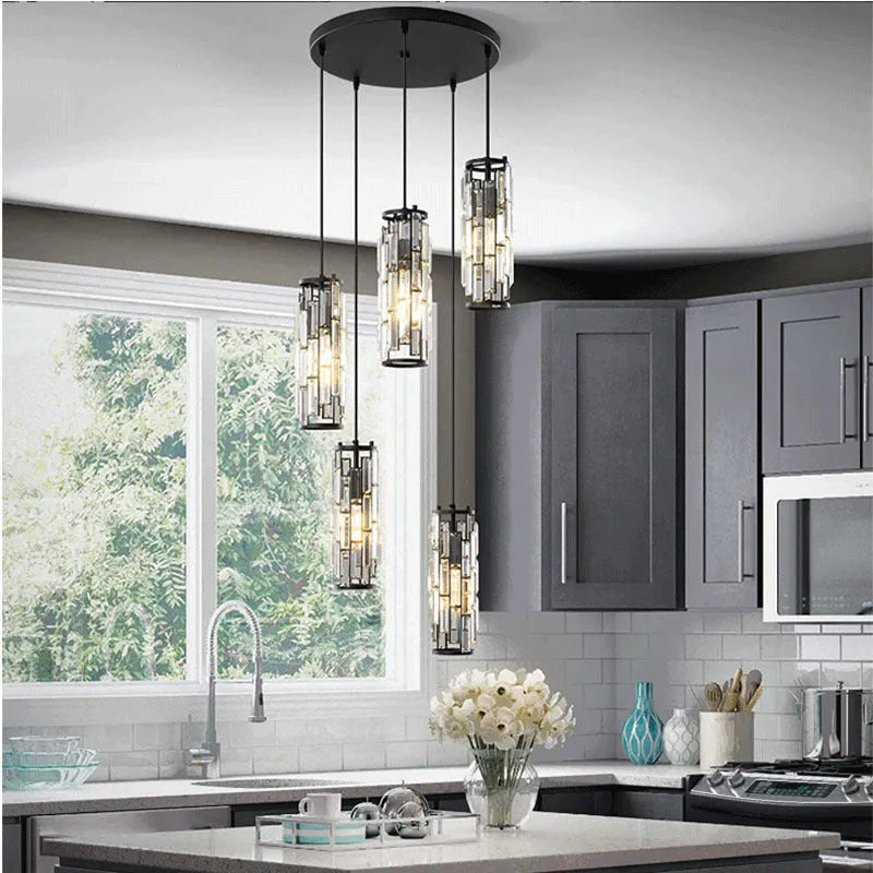 LED industrial style crystal droplight in black finish for bedroom or dining room use