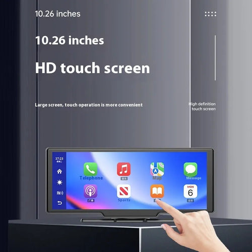 10 inch car smart screen with Carplay display mounted on dashboard, showing front and rear camera views.