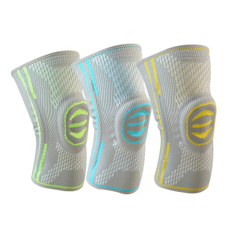 Cotton mountaineering knee pads in green, blue, and yellow colours