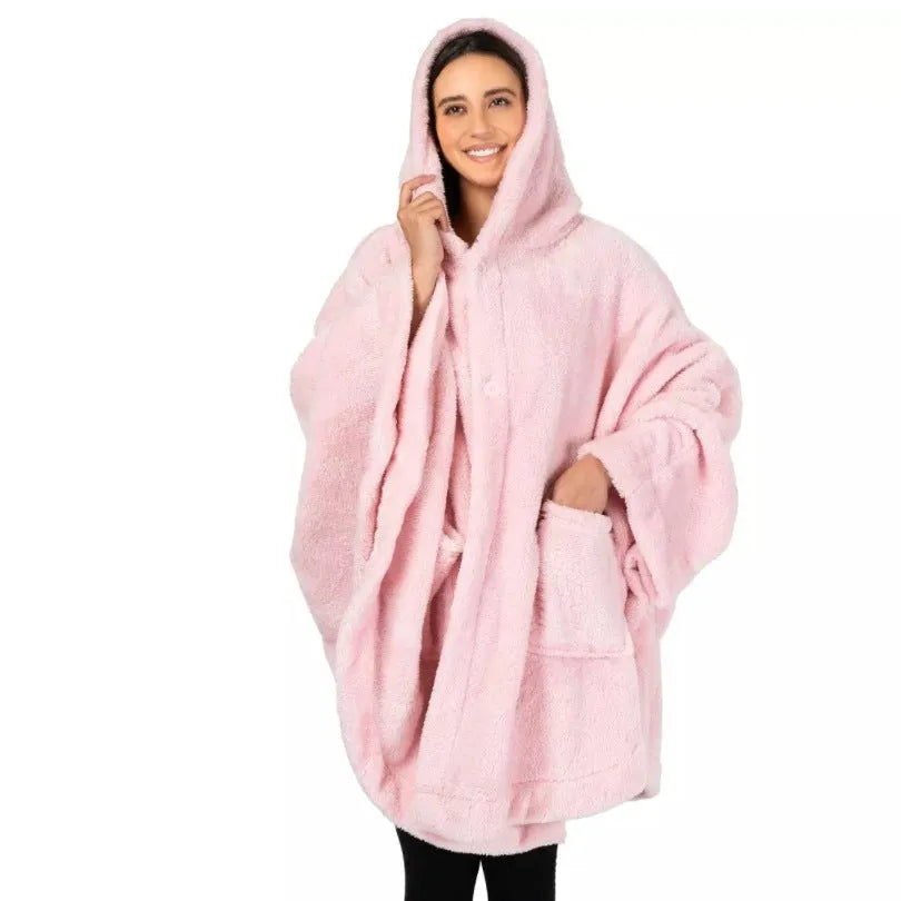 Thickened hooded bathrobe in polyester with long sleeves, available in pink, dark gray and black